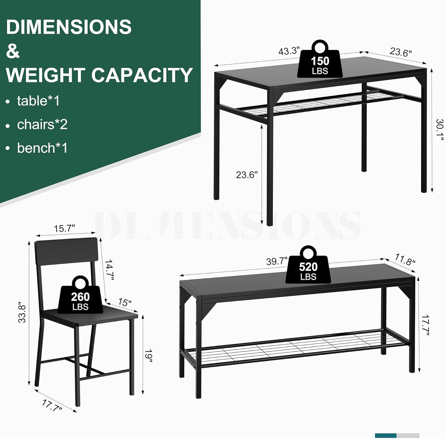 Shintenchi Kitchen Table Chairs Set of 4, Dining Table Set for 4 with Bench and Chairs, 4 Pieces Kitchen Table Set with Storage Rack & Metal Frame for Small Space, Solid Black