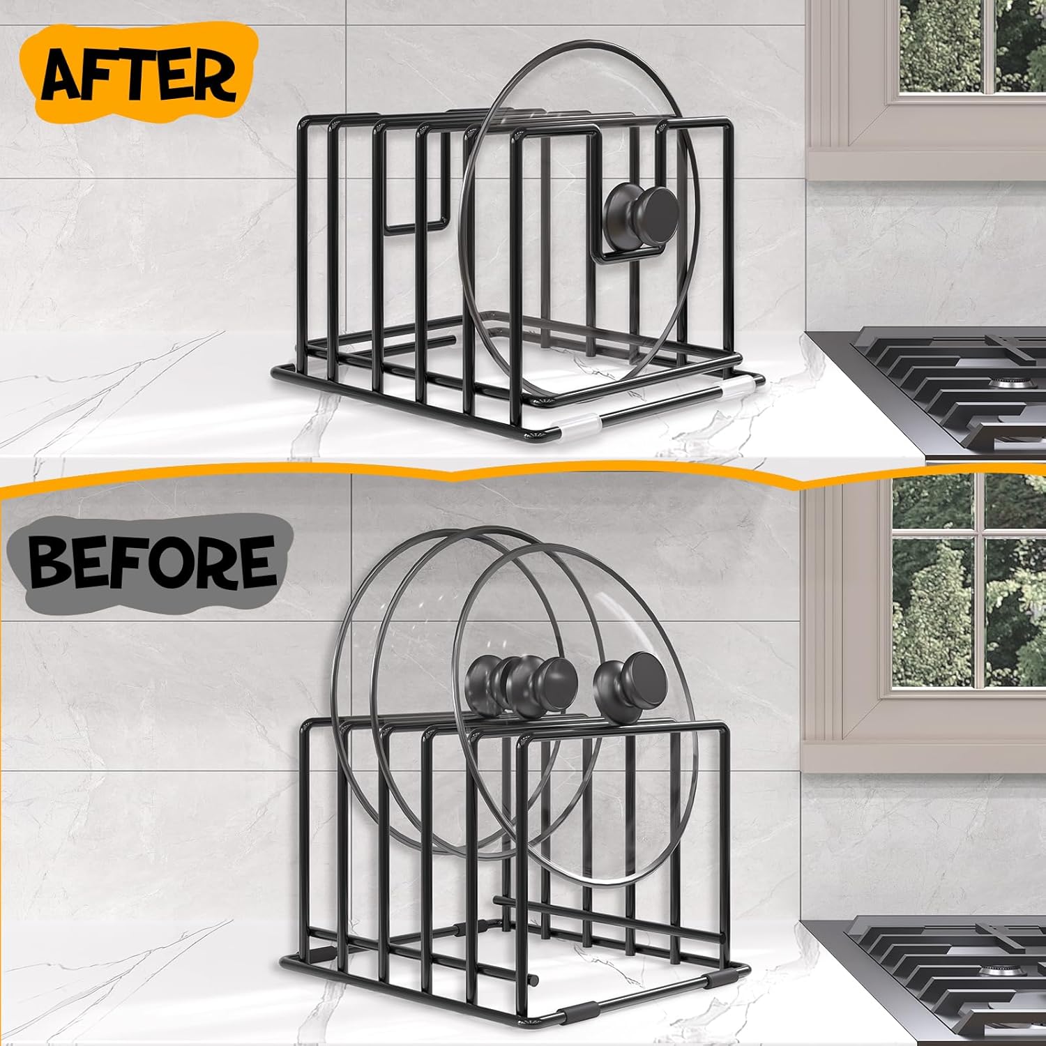 2 Pack Cutting Board Organizer and Pot Lid Holder, Kitchen Cabinet Organizer Rack with 7 & 5 Compartments, Heavy-Duty Iron Baking Sheet Pan Organizer with Non-Slip Base, Space-Saving Kitchen Storage