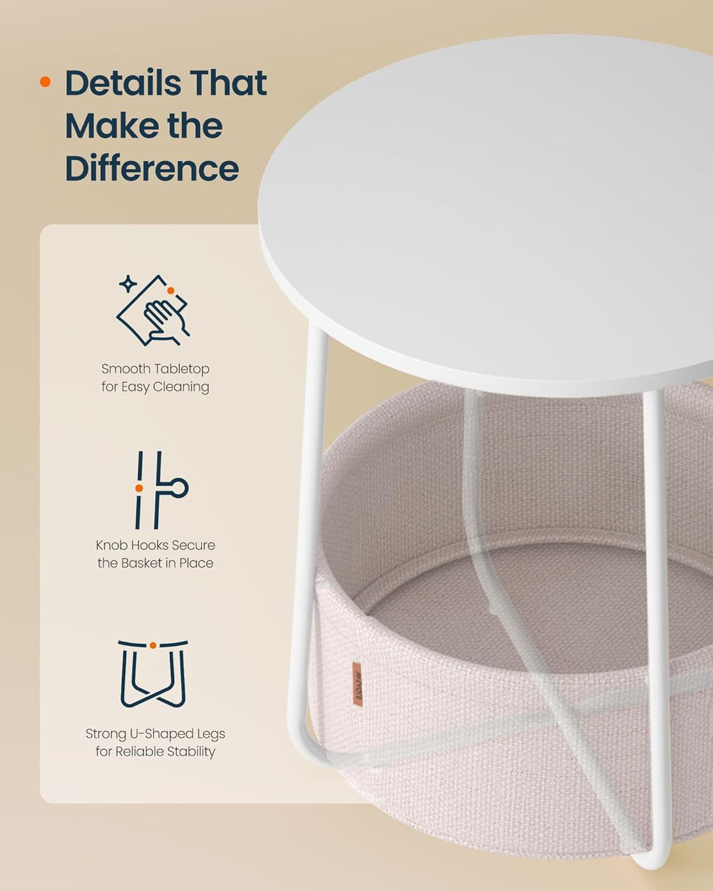 SONGMICS HOME Small Side Table, Round End Table, 2 Tier Nightstand with Basket, U Shaped Steel Legs, Easy Assembly, for Living Room, Bedroom, White and Brown