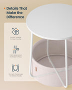 SONGMICS HOME Small Side Table, Round End Table, 2 Tier Nightstand with Basket, U Shaped Steel Legs, Easy Assembly, for Living Room, Bedroom, White and Brown
