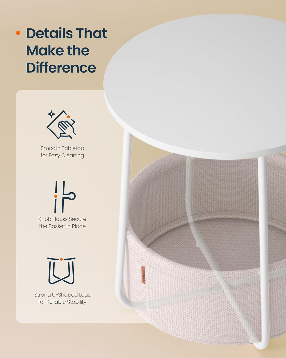 SONGMICS HOME Small Side Table, Round End Table, 2 Tier Nightstand with Basket, U Shaped Steel Legs, Easy Assembly, for Living Room, Bedroom, White and Brown