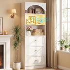 Cyclysio 80" Kitchen Pantry with 3 Drawers, Extra Tall Arch Storage Cupboard with Motion Sensor Light, Freestanding Wood Shelf with Baseboard Cutout for Dining Living Room Bathroom Furniture