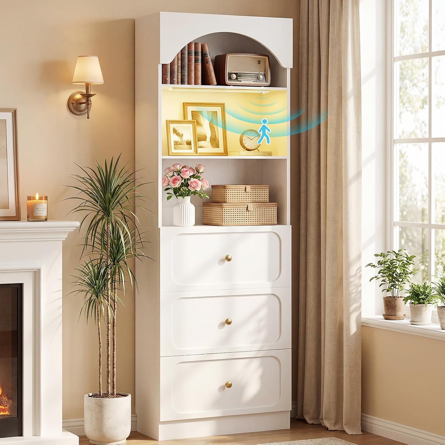 Cyclysio 80" Kitchen Pantry with 3 Drawers, Extra Tall Arch Storage Cupboard with Motion Sensor Light, Freestanding Wood Shelf with Baseboard Cutout for Dining Living Room Bathroom Furniture