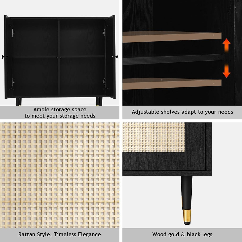 4ever2buy Black Rattan Cabinet, Rattan Buffet Cabinet with Storage, Accent Sideboard Buffet with Adjustable Shelves for Kitchen and Dining Room
