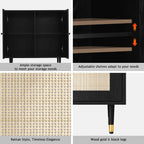 4ever2buy Black Rattan Cabinet, Rattan Buffet Cabinet with Storage, Accent Sideboard Buffet with Adjustable Shelves for Kitchen and Dining Room