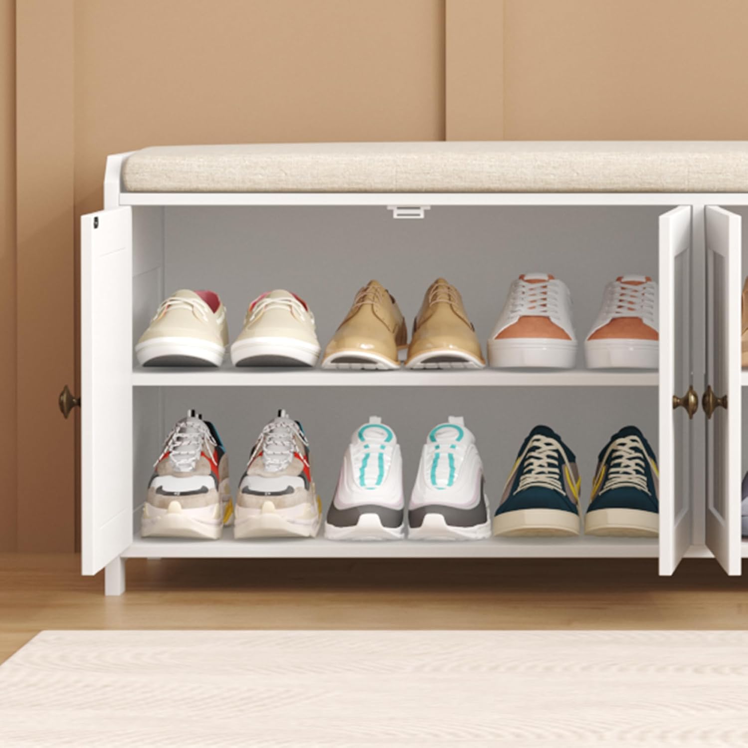 HOMEFORT 48.4" Shoe Storage Bench with Cushion, Entryway Bench with Paddded Seat, 2-Tier Shoe Cabinet Bench with Adjustable Shelves and 4 Doors, Wooden End of Bed Bench, for Bedroom, Hallway, White
