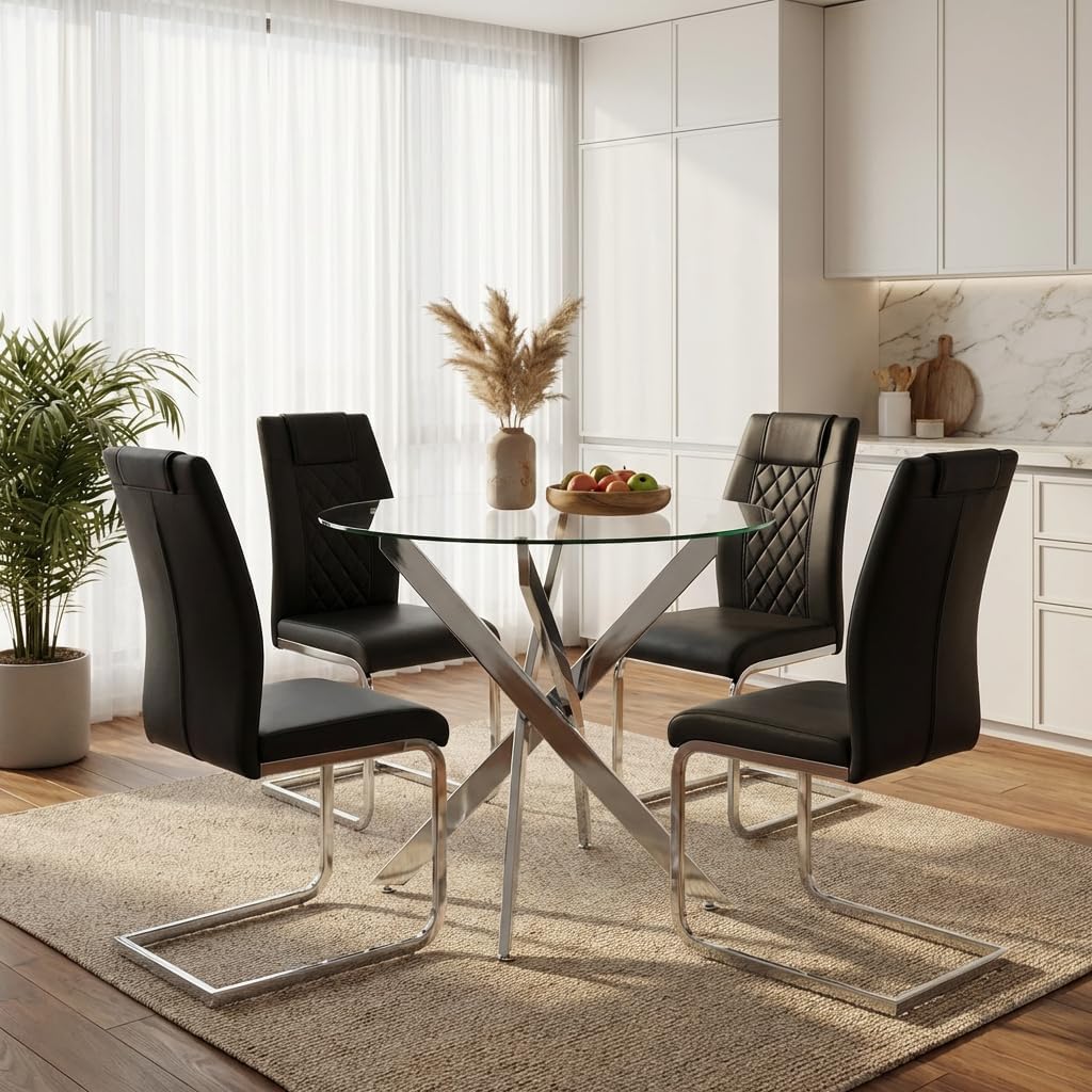 Round Glass Dining Table Set for 4, Modern Kitchen Table Chairs Set of 4, 35" Circle Glass Dinner Table with Silver Metal Legs, 4 Black Pu Leather Chairs, 5 Piece Dining Set for Small Space Apartment