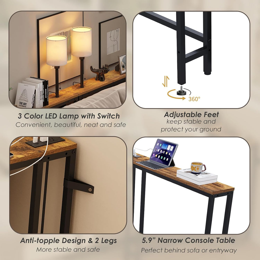 X-cosrack 78.8" Long Narrow Sofa Table with Outlet & LED Bulb, L Shaped Skinny Corner Console Table Behind Couch, Slim Sofa Table wtih 3 Color Light for Living Room, Bedroom, Entryway, Rustic Brown