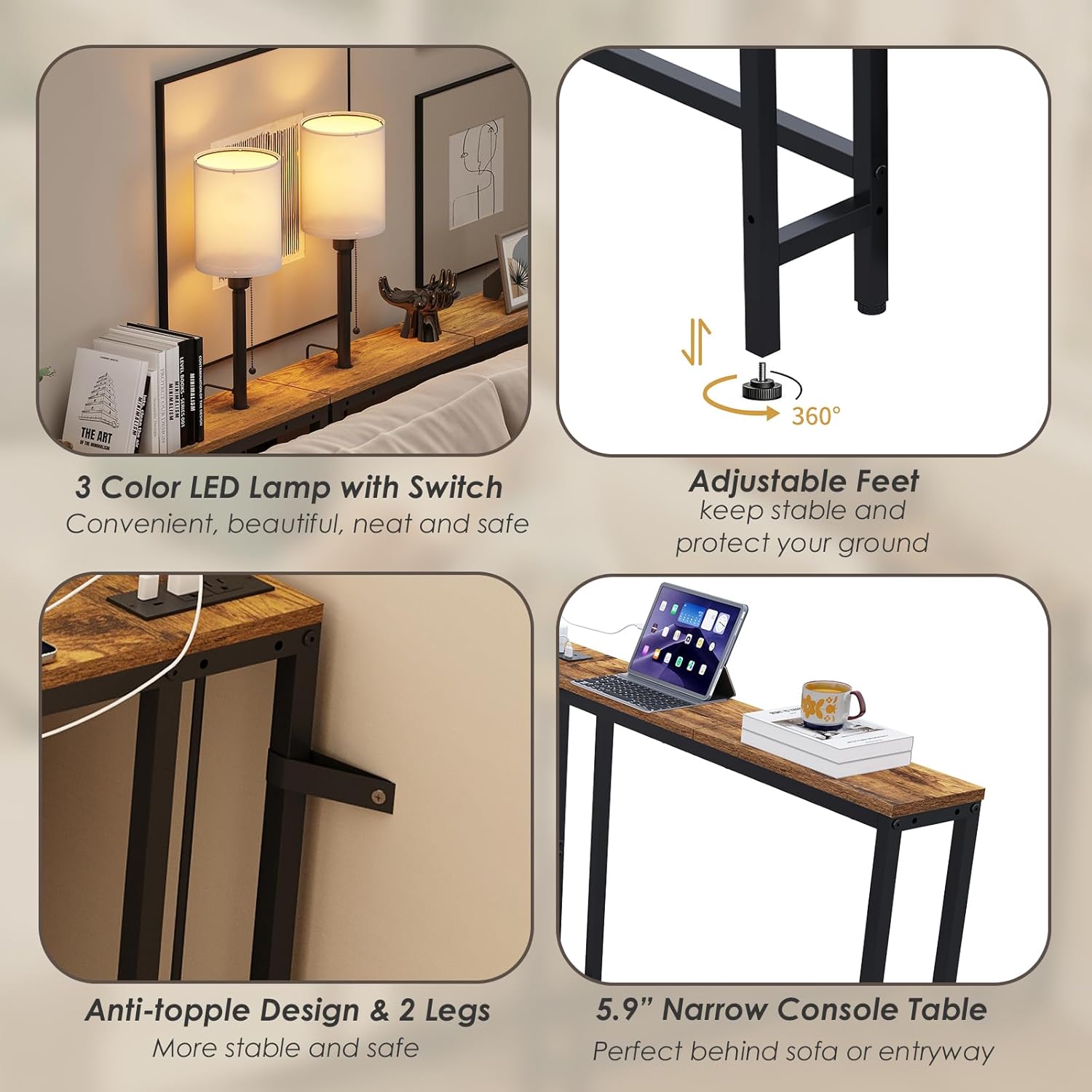 X-cosrack 78.8" Long Narrow Sofa Table with Outlet & LED Bulb, L Shaped Skinny Corner Console Table Behind Couch, Slim Sofa Table wtih 3 Color Light for Living Room, Bedroom, Entryway, Rustic Brown