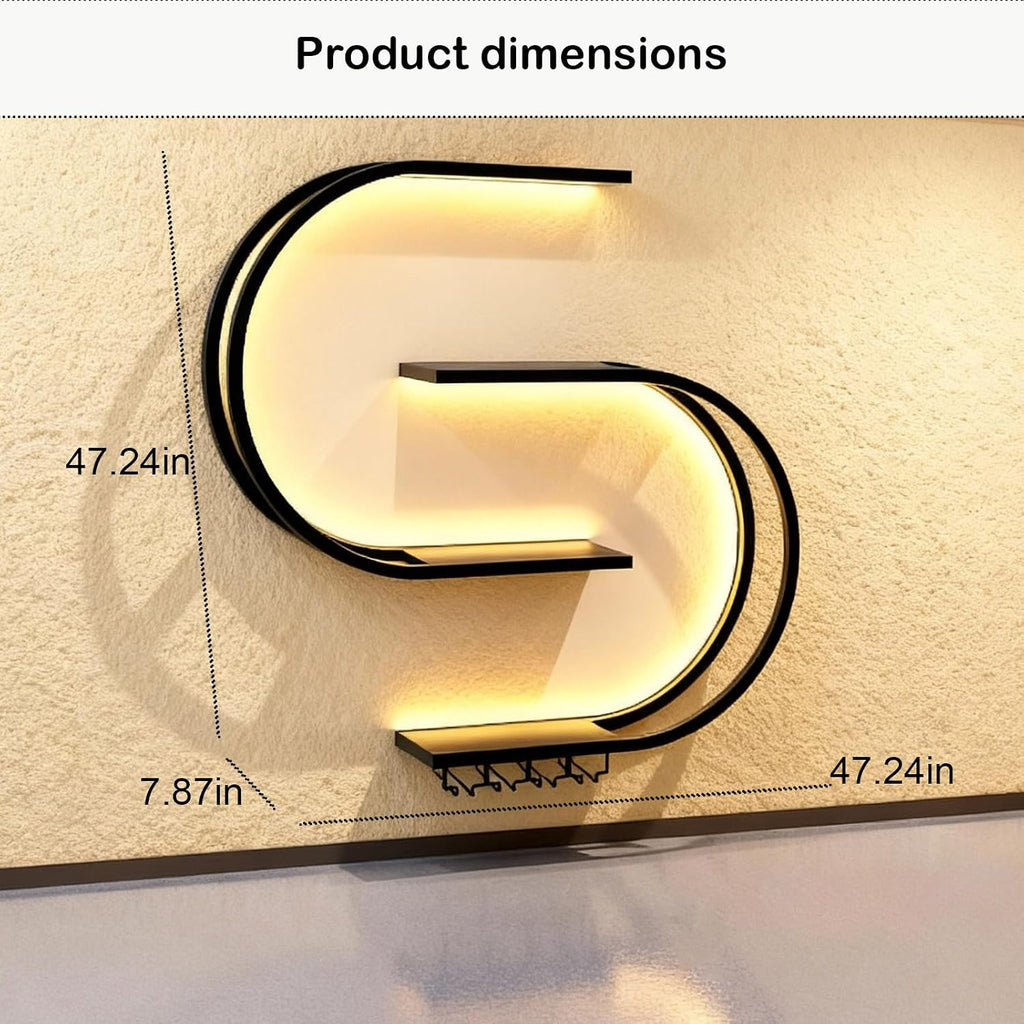 47.24in Wall Mounted Wine Rack, with LED Light Half Round Multi-Tier Iron Wine Bottle Display Rack with Wine Glass Hooks, for Kitchen, Bar, Cafe (Black,47.24 * 7.87 * 47.24INCHES)
