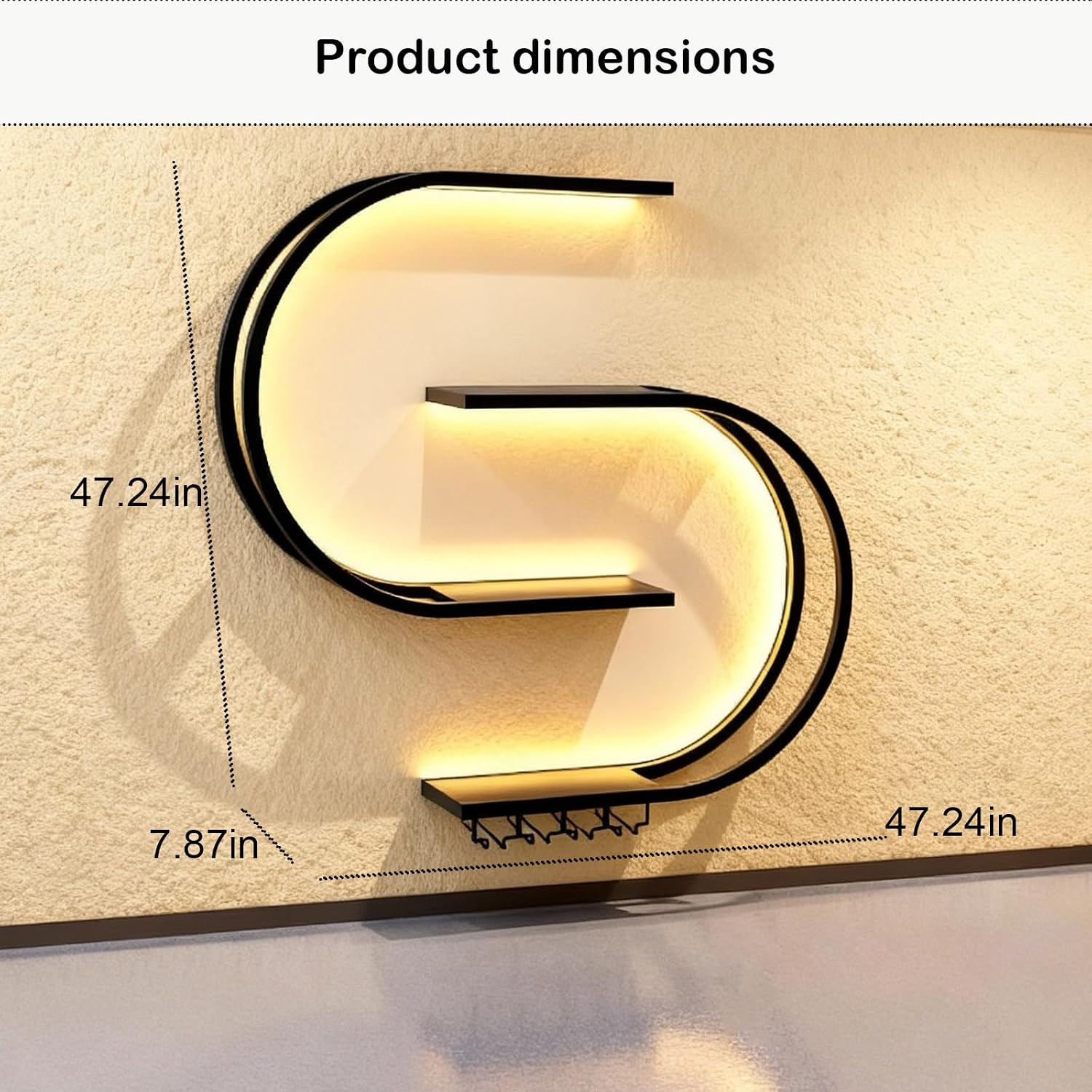 47.24in Wall Mounted Wine Rack, with LED Light Half Round Multi-Tier Iron Wine Bottle Display Rack with Wine Glass Hooks, for Kitchen, Bar, Cafe (Black,47.24 * 7.87 * 47.24INCHES)