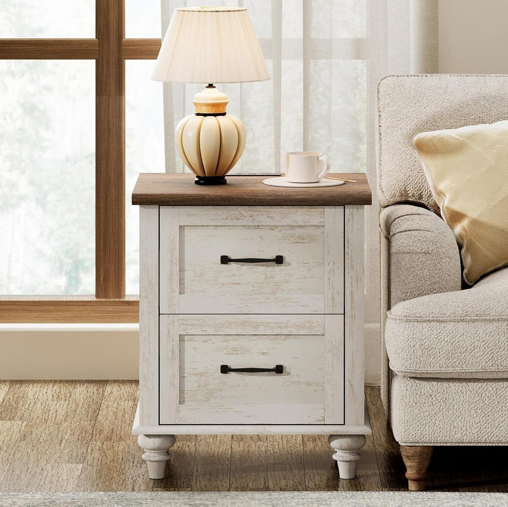 WAMPAT Antique White Side Table Nightstand with Charging Station, Wood End Table with 2 Drawers for Living Room, Rustic Night Stand Farmhouse Bedside Table for Bedroom, Kids Room