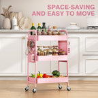 KINGRACK 3 Tier Rolling Cart with DIY Pegboard, Metal Utility Cart with Wheels, Hooks & Baskets, Sturdy Storage Organizer for Craft, Bathroom, Kitchen, Office, Nursery, Classroom(Pink)