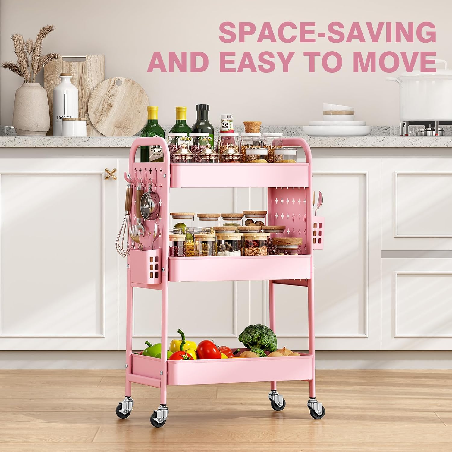 KINGRACK 3 Tier Rolling Cart with DIY Pegboard, Metal Utility Cart with Wheels, Hooks & Baskets, Sturdy Storage Organizer for Craft, Bathroom, Kitchen, Office, Nursery, Classroom(Pink)