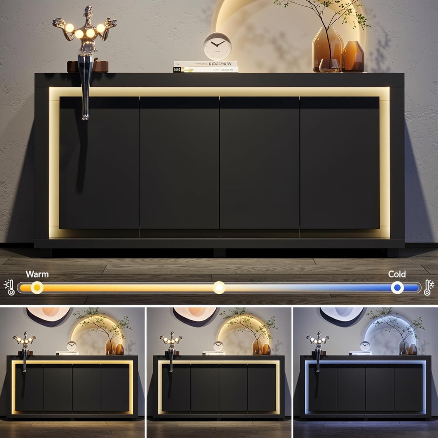 63"Sideboard Buffet Cabinet,Kitchen Buffet Storage Cabinet with Power Outlets & LED Light, Modern Storage Cabinet with 4 Doors,Coffee Bar Console Wine Bar for Living Room,Kitchen,Hallway (Black)