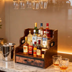 Liquor Bottle Display Shelf 3 Floors with Drawers | Countertop Wine Rack, Accommodates 12 Bottles and 36 K Cups, Minibar Coffee Syrup Storage Box, Whiskey