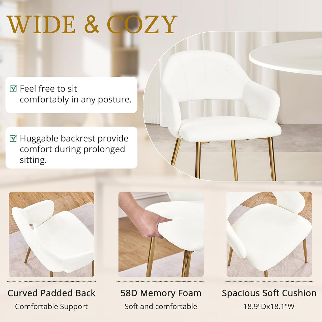 VECELO Velvet Dining Chairs Set of 6, Modern Upholstered Kitchen Chairs with Cushion, Padded Backrest and Metal Legs, White