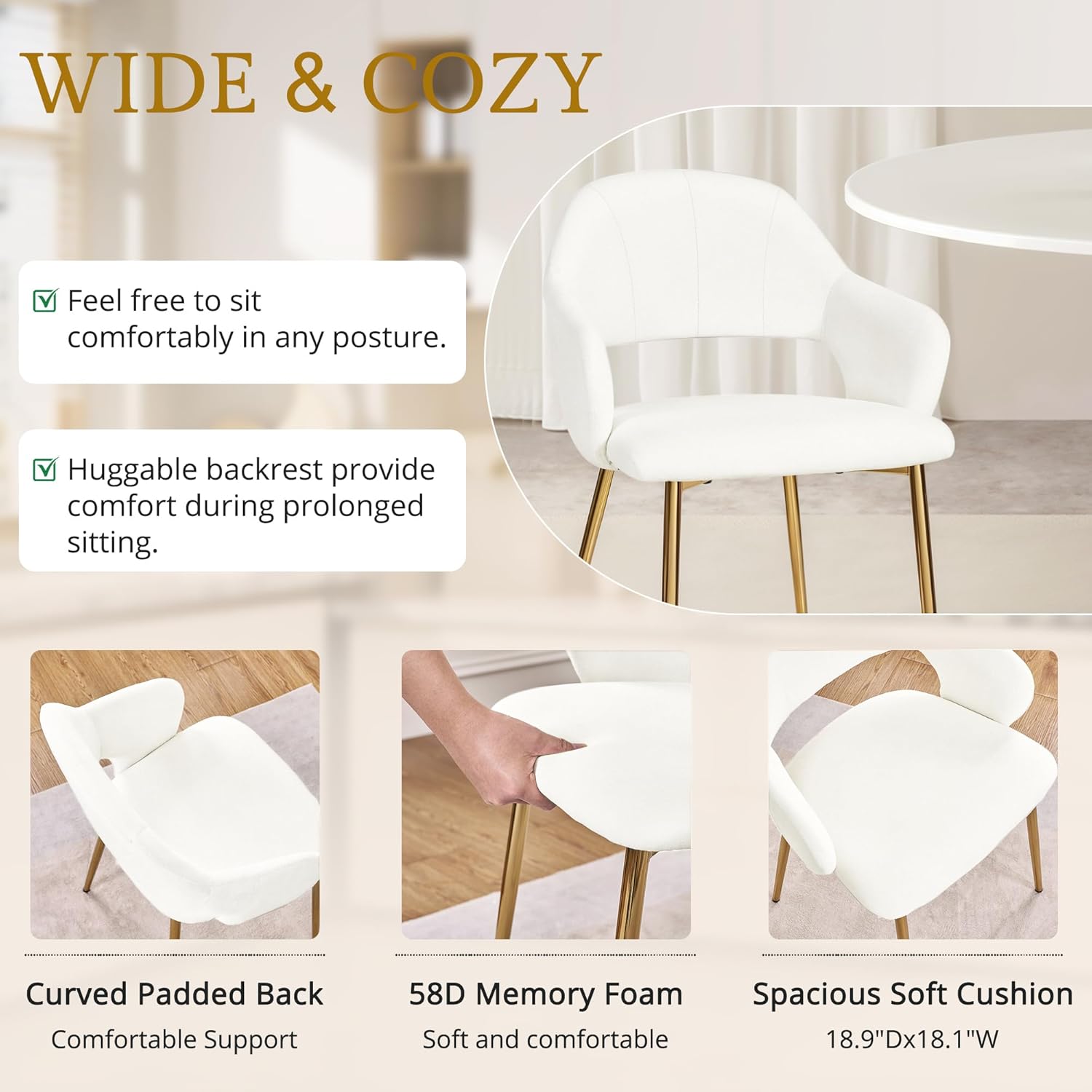 VECELO Velvet Dining Chairs Set of 6, Modern Upholstered Kitchen Chairs with Cushion, Padded Backrest and Metal Legs, White