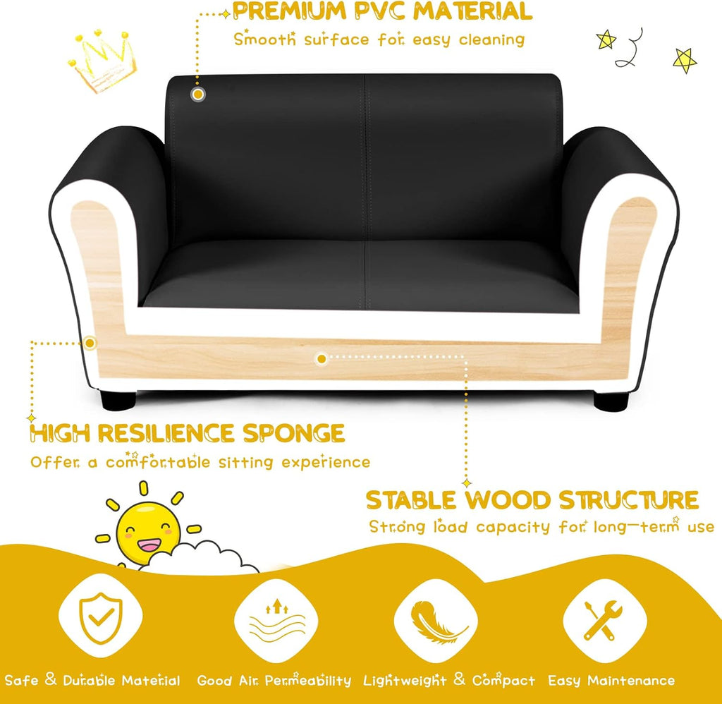 HONEY JOY Kids Sofa, 2 Seat Toddler Couch Lounge Bed with Ottoman, Sturdy Wood Construction, Children PU Leather Upholstered Loveseat Armrest Chair for Bedroom Living Room, Double Seat w/Stool (Black)