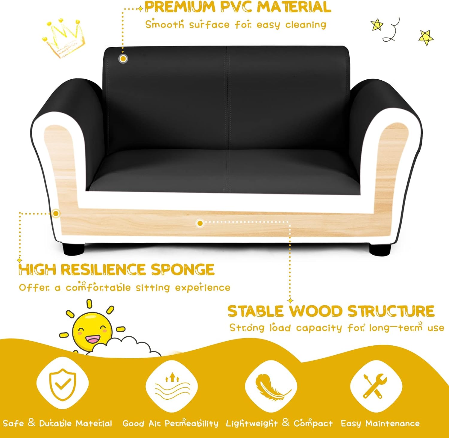 HONEY JOY Kids Sofa, 2 Seat Toddler Couch Lounge Bed with Ottoman, Sturdy Wood Construction, Children PU Leather Upholstered Loveseat Armrest Chair for Bedroom Living Room, Double Seat w/Stool (Black)