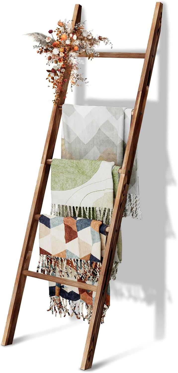 5-Tier Blanket Ladder Wooden, 5.3FT(63'') Blanket Quilt Holder Rack Decorative Ladders, Easy Assembly, Rustic Farmhouse Ladder Shelf for The Living Room Bedroom Bathroom Home Decor, Brown