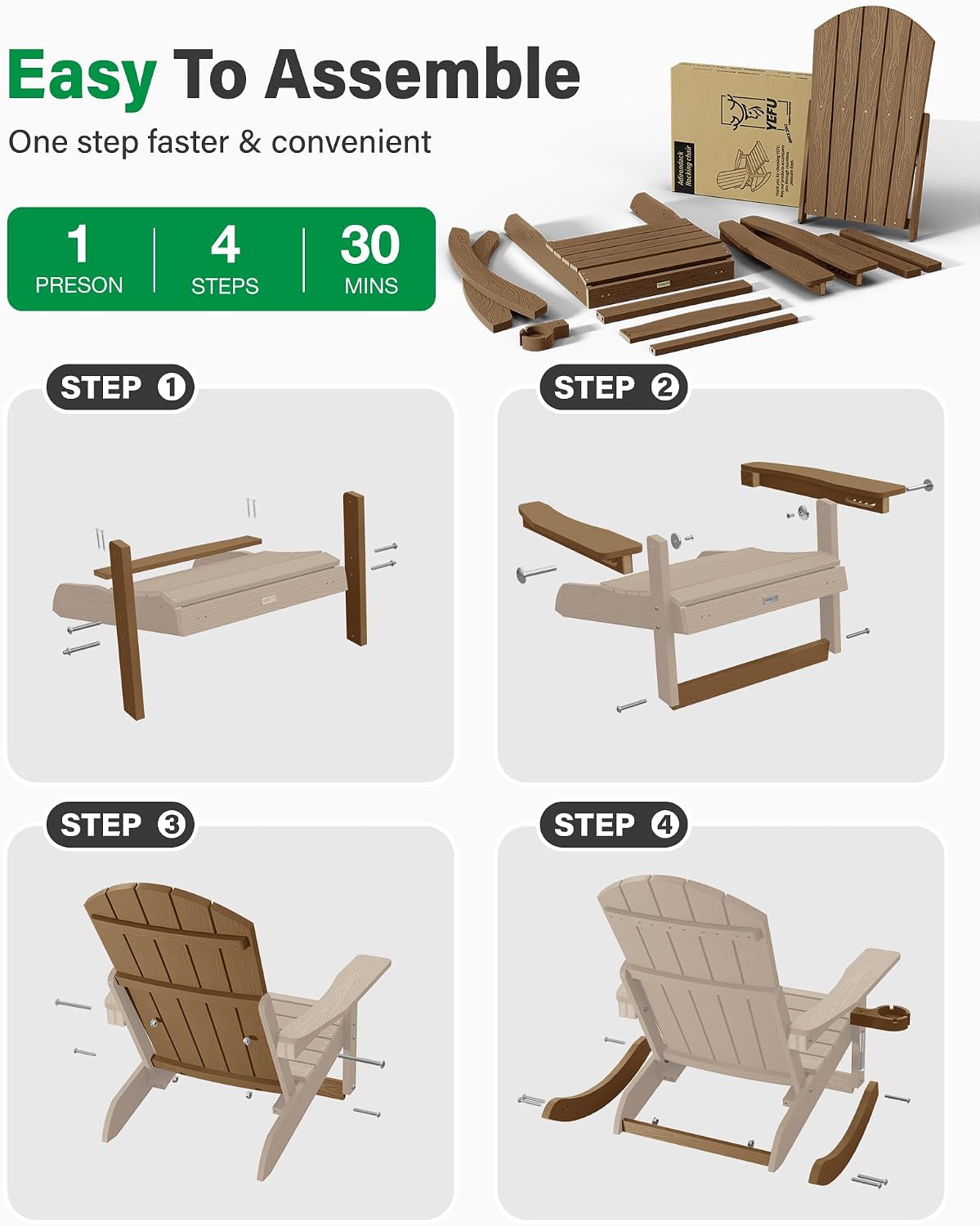 YEFU Adirondack Chairs with Retractable Ottoman: Oversize Adirondack Rocking Chairs - 5-Level Adjustable High Back - Outdoor Rocker with Cup Holder for Porch/Gardens/Lawn/Patio/Backyard/Teak