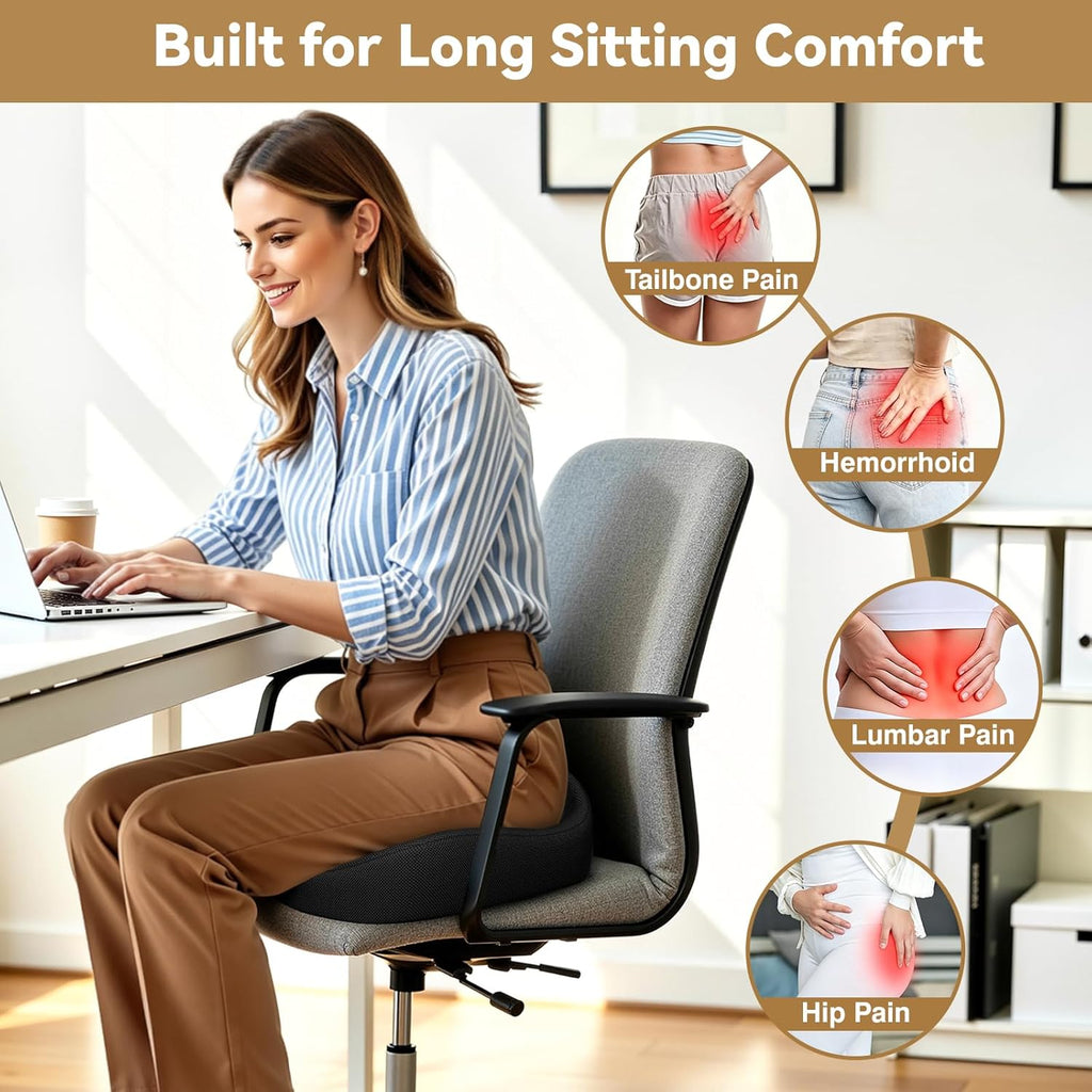 TushGuard Ergonomic Seat Cushion with Coccyx Cutout - 4-Zone Structure Office Chair Cushions for Tailbone Pressure Relief, Non-Slip Chair Pad with Washable Cover for Car, Office, Wheelchair, Black