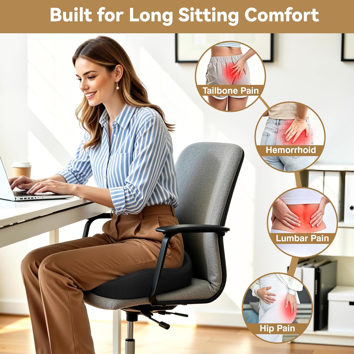 TushGuard Ergonomic Seat Cushion with Coccyx Cutout - 4-Zone Structure Office Chair Cushions for Tailbone Pressure Relief, Non-Slip Chair Pad with Washable Cover for Car, Office, Wheelchair, Black