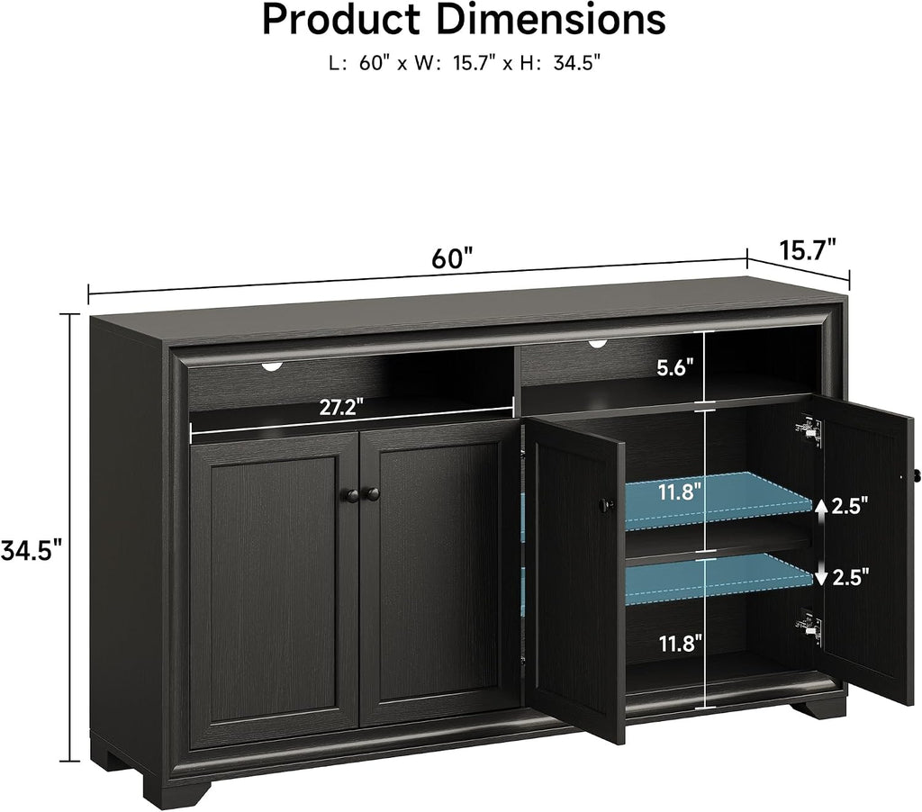 ONBRILL 60 Inches Sideboard Buffet Cabinet with Storage, 4 Doors Large Sideboard, Kitchen Cabinet with Open Shelf & Adjustable Shelf, Kitchen Coffee Bar Console Table for Living Room, Hallway, Black