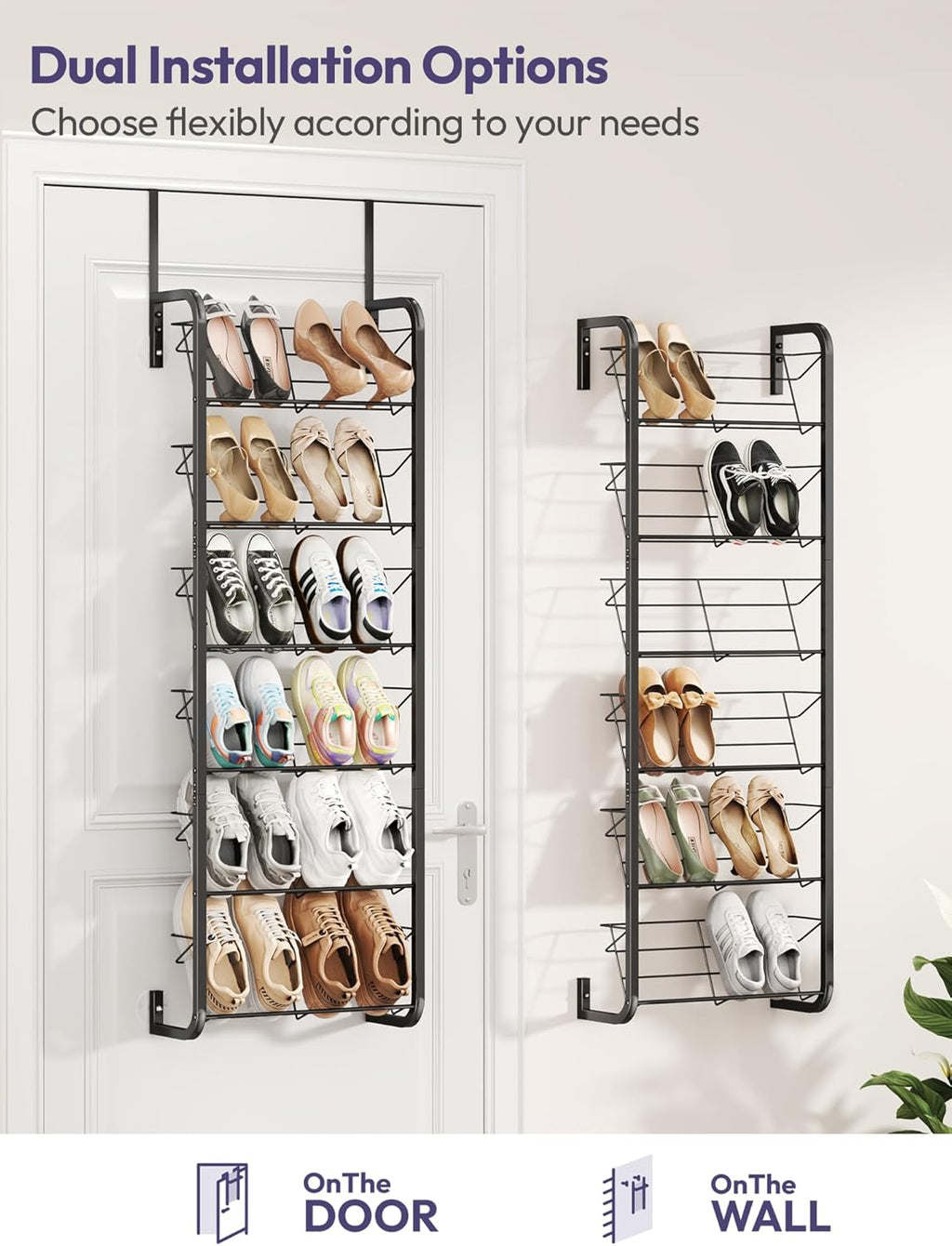 SWTYMIKI Over the Door Shoe Organizer - 6 Tier Hanging Shoe Rack for Door Storage - Heavy Duty Metal Behind Door or Wall Mount Shoes Shelf for Closet, Flats, Heels, Sneakers, Boots Black
