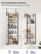 SWTYMIKI Over the Door Shoe Organizer - 6 Tier Hanging Shoe Rack for Door Storage - Heavy Duty Metal Behind Door or Wall Mount Shoes Shelf for Closet, Flats, Heels, Sneakers, Boots Black