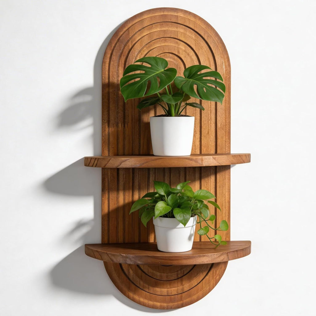 Boho Wall Shelf Decor Plant Wall Shelf Mid Century Modern Decor Hanging Plant Shelves, 2 Tier Wooden Art Floating Shelves for Home Bathroom Bedroom Living Room Planter