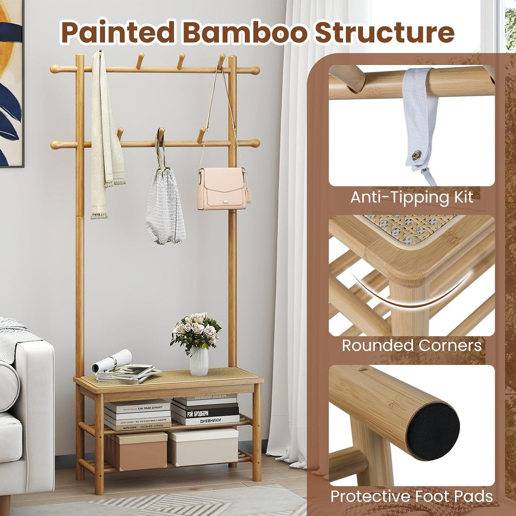 GIANTEX 3-in-1 Hall Tree with Bench and Shoe Storage, 11 Hanging Rods | Bamboo Coat Rack Freestanding w/ PE Rattan Bench & 3-Tier Shoe Rack, Narrow Mudroom Storage Organizer for Entryway Bedroom