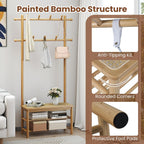 GIANTEX 3-in-1 Hall Tree with Bench and Shoe Storage, 11 Hanging Rods | Bamboo Coat Rack Freestanding w/ PE Rattan Bench & 3-Tier Shoe Rack, Narrow Mudroom Storage Organizer for Entryway Bedroom