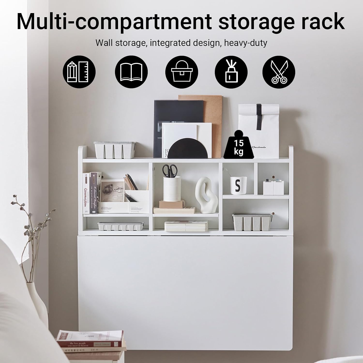 SoBuy Wall Mounted Folding Table | Floating Desk for Small Spaces, Fold Down Workstation Table with Adjustable Shelf for Home, Office, Bedroom, White
