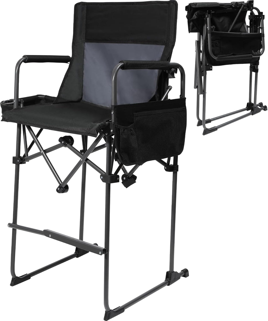 Portable 29" Seat Height Tall Folding Camping Chair High Foldable Directors Chair Bar Height Stool with Side Table and Storage Bag for Makeup Artist, Lawn,Craft Show,Supports 350LBS Black