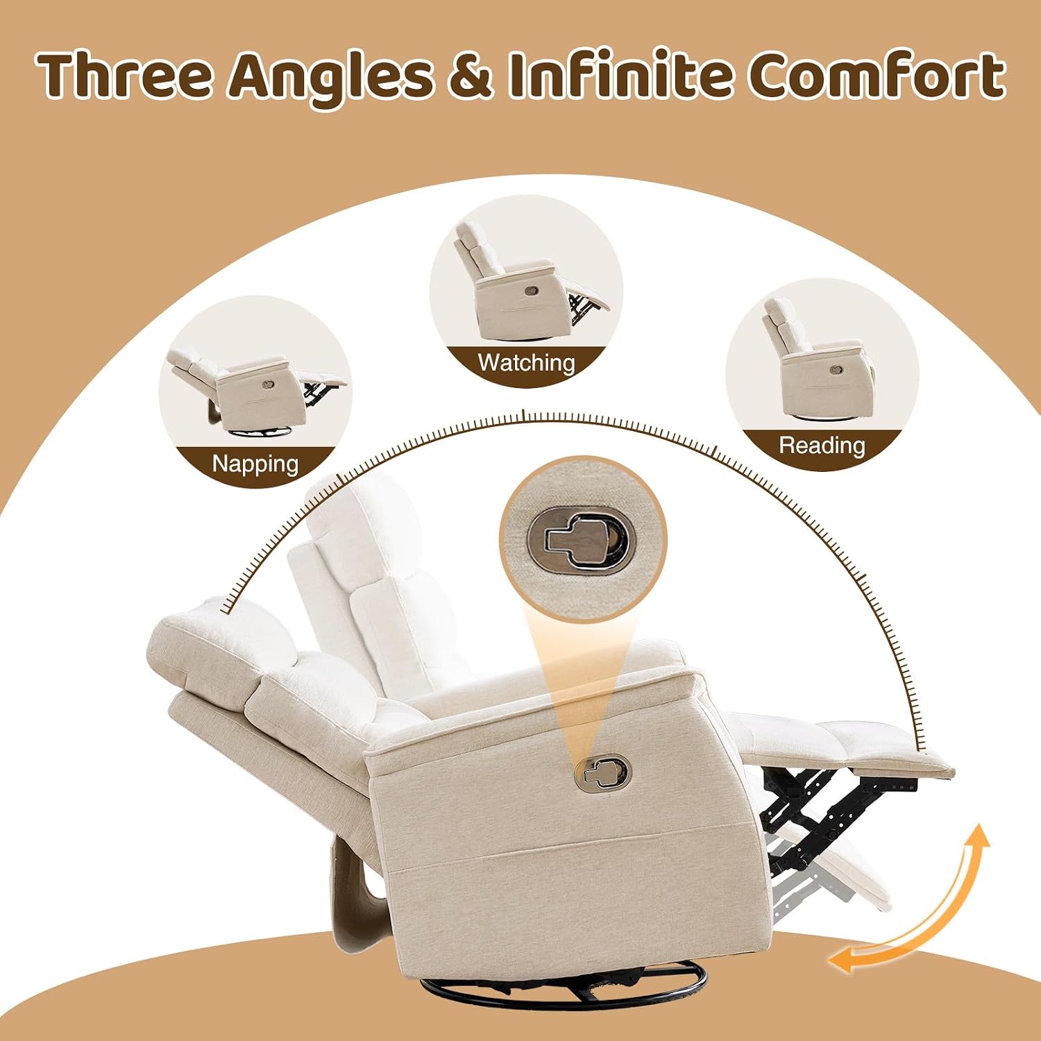 Oversized Swivel Rocker Recliner, 26'' Extra Wide Rocking Recliner Nursery Chair, Manual Swivel Recliner for Nursery, Reclining Rocking Chairs for Living Room, Chenille Beige