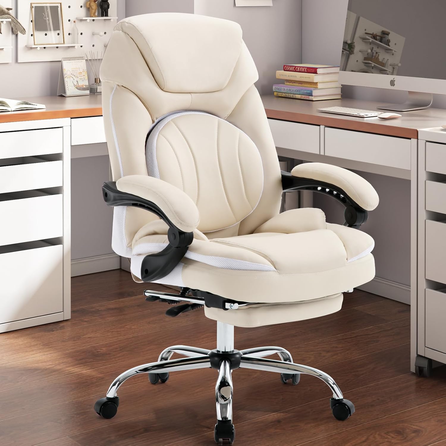 Ergonomic Fully Reclining Office Chairs with Back Support Footrest, Big and Tall Comfortable Recliner Office Desk Chair Computer Gaming Chair, Cream Beige