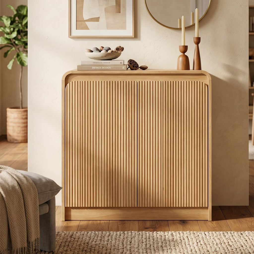FURSUN Modern Fluted Sideboard with Curved Design, 31" Wood Buffet Cabinet with 2 Doors & Adjustable Shelves, Elegant Coffee Bar Cabinet for Kitchen, Dining Room & Entryway, Natural Oak