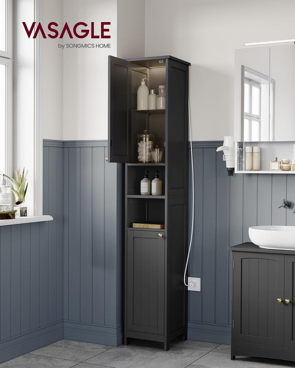 VASAGLE Tall Storage Cabinet with Lights, Slim Freestanding Cabinet with Adjustable Shelves, for Small Spaces, Bathroom, Living Room, Modern, 11.8 Inches Wide, Ink Black UBBK566BC01S