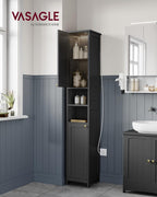 VASAGLE Tall Storage Cabinet with Lights, Slim Freestanding Cabinet with Adjustable Shelves, for Small Spaces, Bathroom, Living Room, Modern, 11.8 Inches Wide, Ink Black UBBK566BC01S