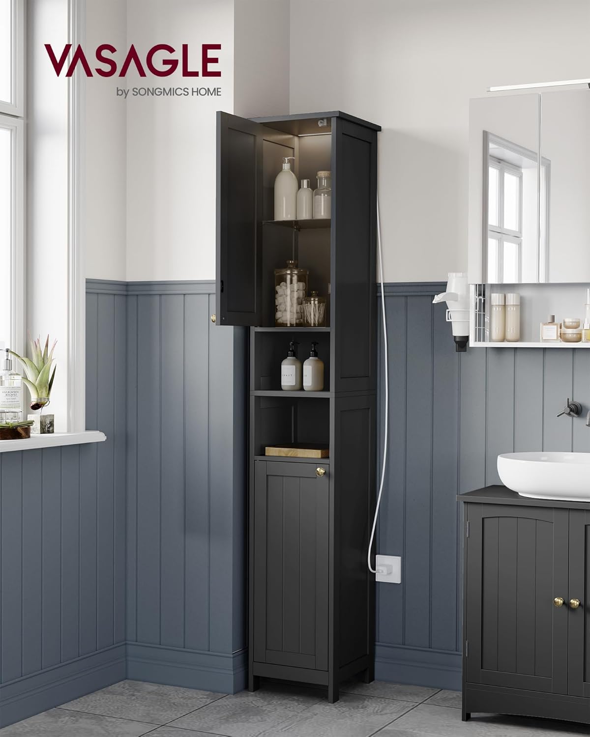 VASAGLE Tall Storage Cabinet with Lights, Slim Freestanding Cabinet with Adjustable Shelves, for Small Spaces, Bathroom, Living Room, Modern, 11.8 Inches Wide, Ink Black UBBK566BC01S