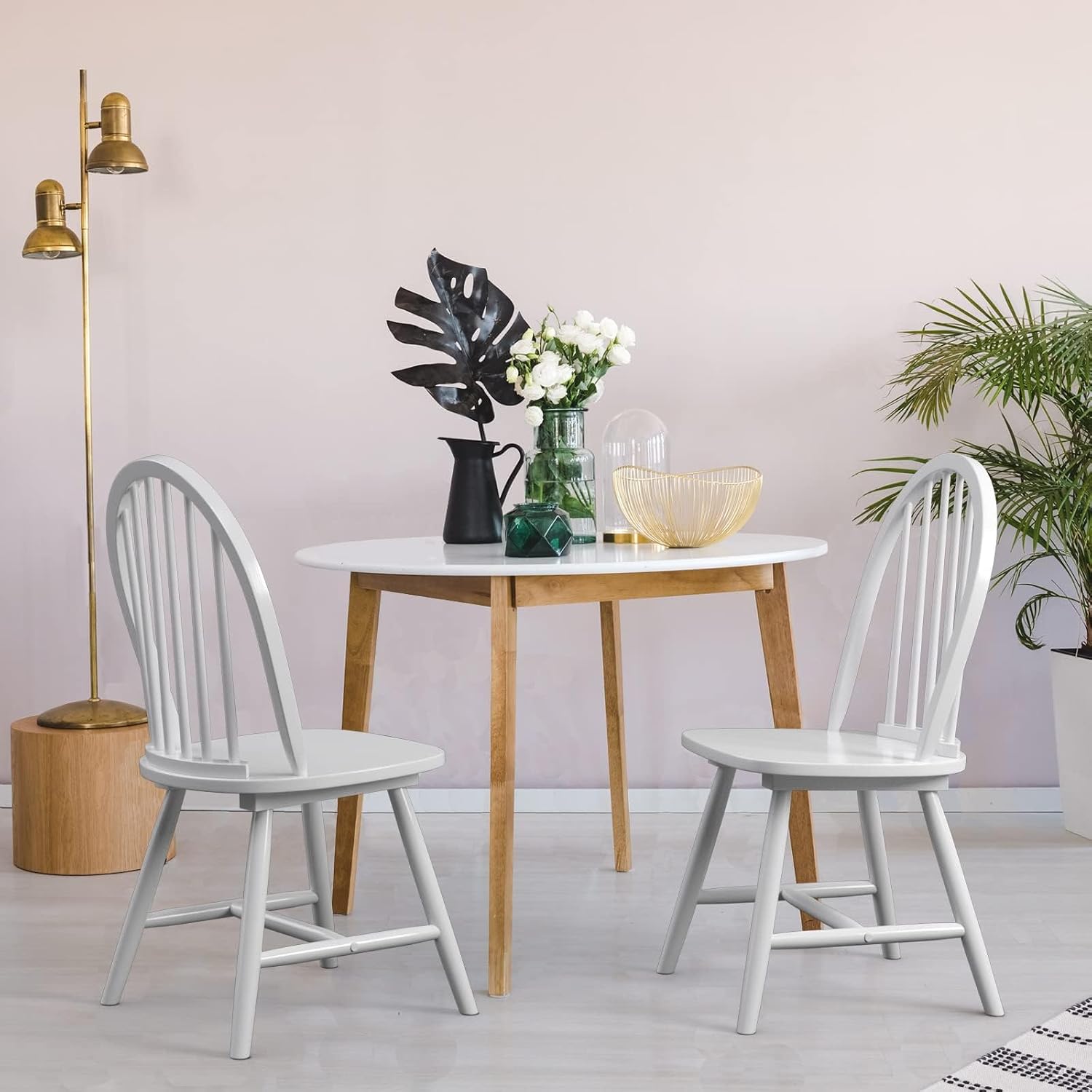 COSTWAY Windsor Dining Chairs Set of 2, Mid-Century Modern Wood Chairs w/Spindle Back & Reinforced H-Shaped Legs, Farmhouse Armless Kitchen Chair for Living Dining Room, Restaurant (White)