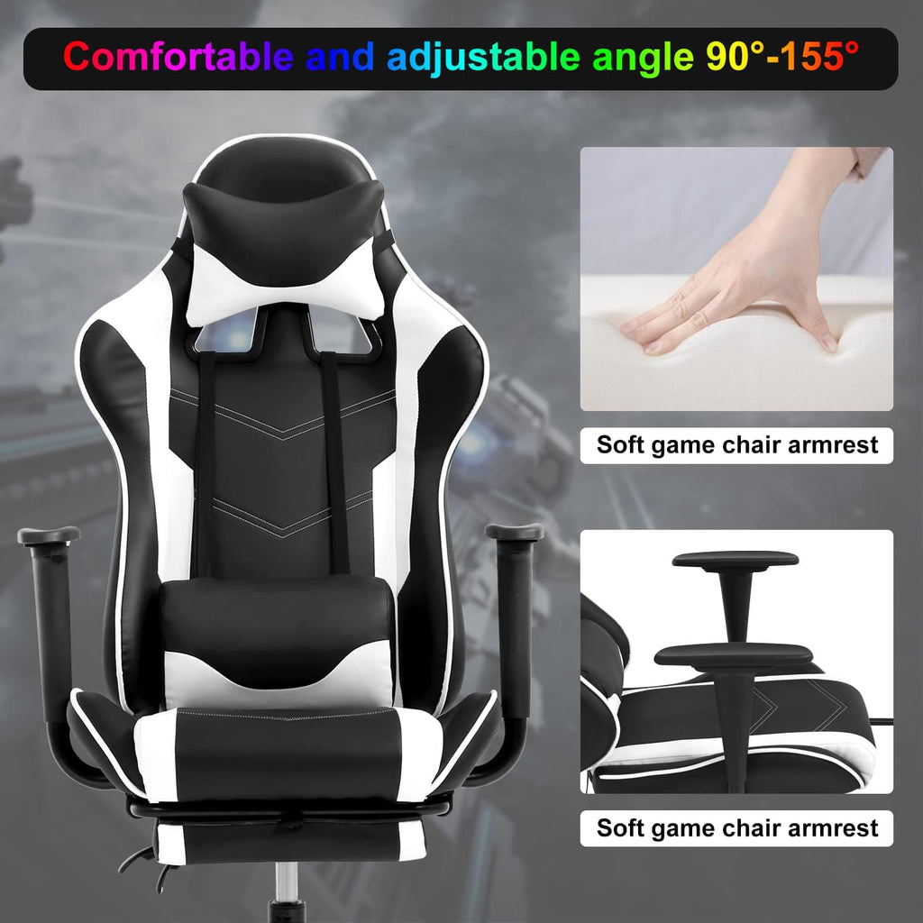 Gaming Chair Computer Chair Ergonomic Gaming Chair with Footrest Reclining High Back Video Game Chair with Lumbar Support Headrest Armrest Swivel Seat for Teen (White)