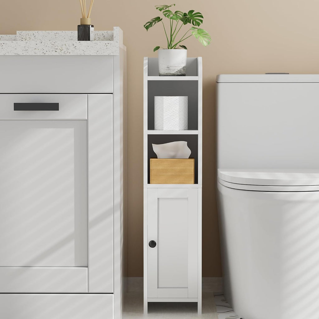 Homhedy Small Bathroom Storage Corner Floor Cabinet with Door and Shelves, Beside The Toilet Paper Stand for Skinny, Narrow Toilet Paper Cabinet, 7.9" D x 7.1" W x 31" H, White