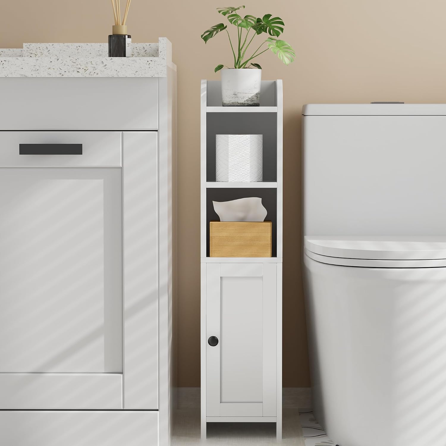Homhedy Small Bathroom Storage Corner Floor Cabinet with Door and Shelves, Beside The Toilet Paper Stand for Skinny, Narrow Toilet Paper Cabinet, 7.9" D x 7.1" W x 31" H, White