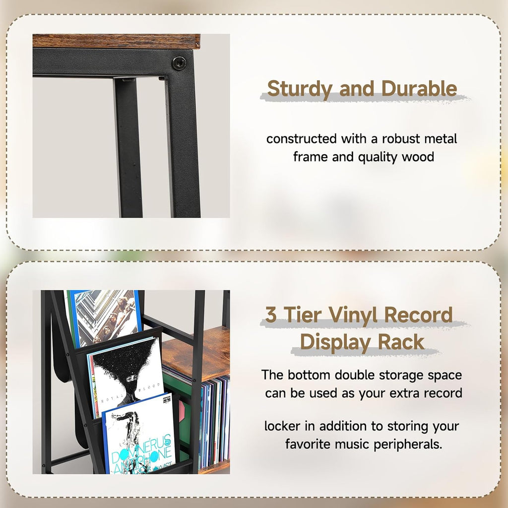 Coco Bird Vinyl Record Player Stand with 3-Tier Storage, Turntable Display Shelf for 200 Albums, Record Storage Table for Living Room, Stylish Holder with Speaker Storage