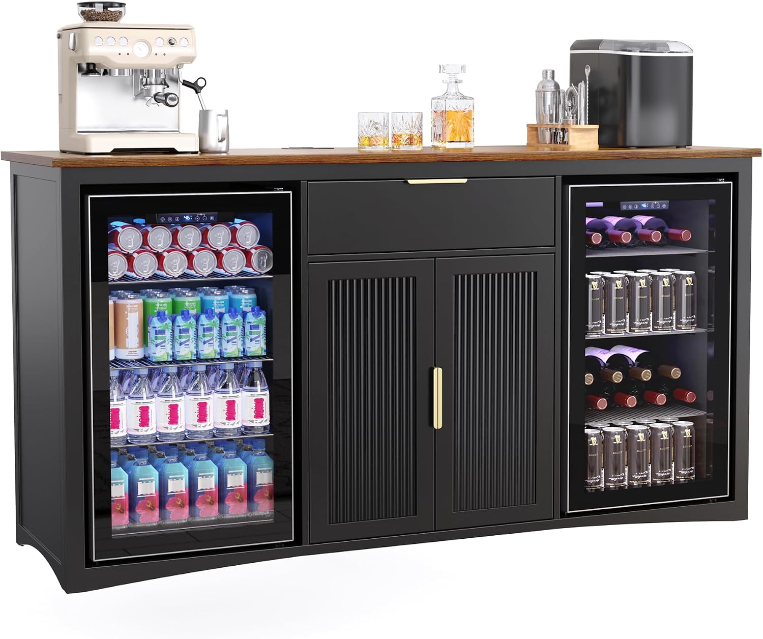 GDLF 70.1" Long Coffee Bar Cabinet with Fridge Space, Modern Wine Liquor Cabinet with Storage & Power Outlet, Buffet Sideboard with Fluted Doors for Home, Black
