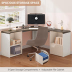 L Shaped Desk with Power Outlets & USB C Port, 59'' Reversible L-Shaped Computer Desk with File Drawer for Letter Legal Size, Corner Office Desk with Storage Shelves, Rounded Corners, White