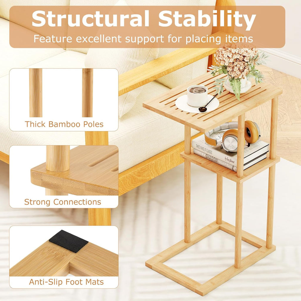 Giantex Bamboo Side Table Set of 2, 3-Tier Narrow End Table with Storage Shelves, Accent Sofa Couch Bedside Table, Boho Night Stand for Living Room Bedroom Small Spaces (16’’L x 11’’W x 25.5’’H)